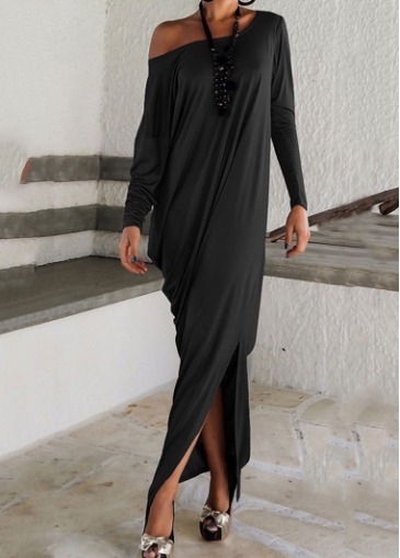 Black Long Sleeve Skew Neck Dress
