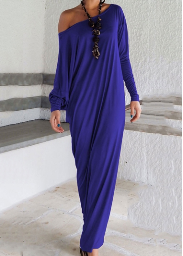 Skew Neck Side Slit Royal Blue Dress