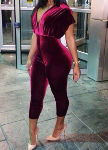 Batwing Sleeve Plunging Neck Skinny Jumpsuit