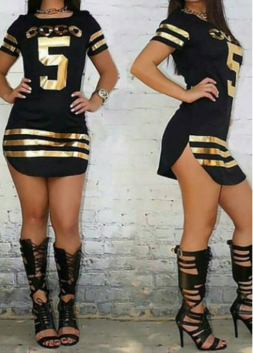 Black Round Neck Short Sleeve Printed Mini Dress