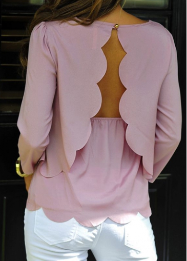 Open Back Pink Round Neck Scalloped Blouse