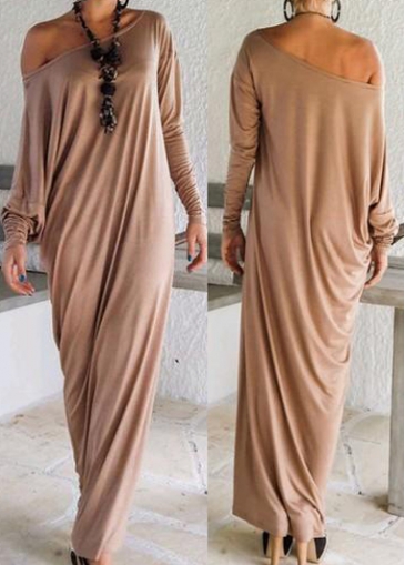 Khaki Long Sleeve Skew Neck Dress