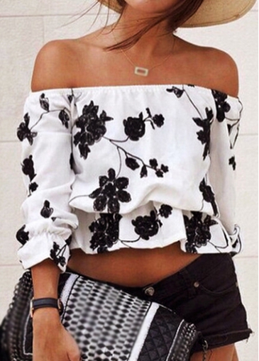 Boat Neck Flower Print White Blouse