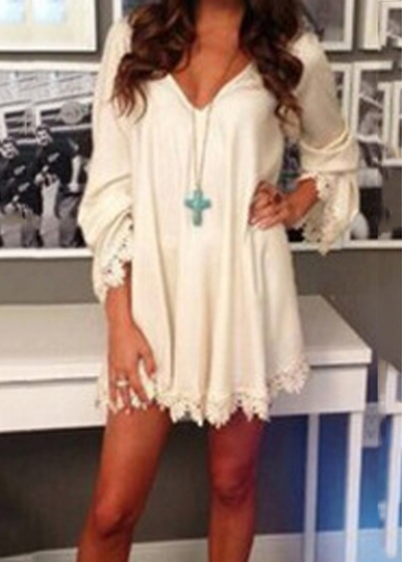 Lace Panel Long Sleeve V Neck White Dress