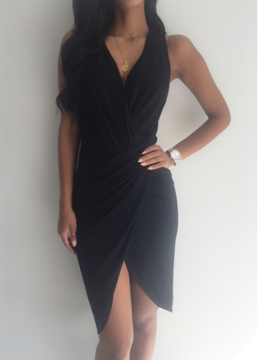 Racerback Black V Neck Asymmetric Sheath Dress