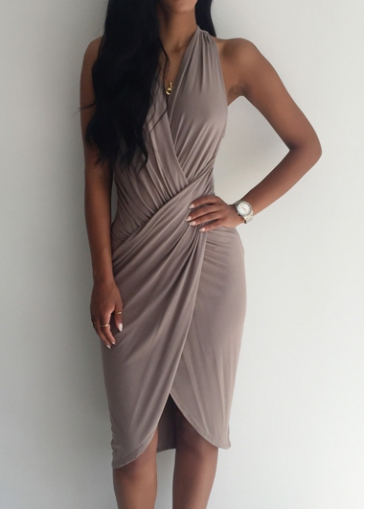 Khaki Sleeveless V Neck Knee Length Dress