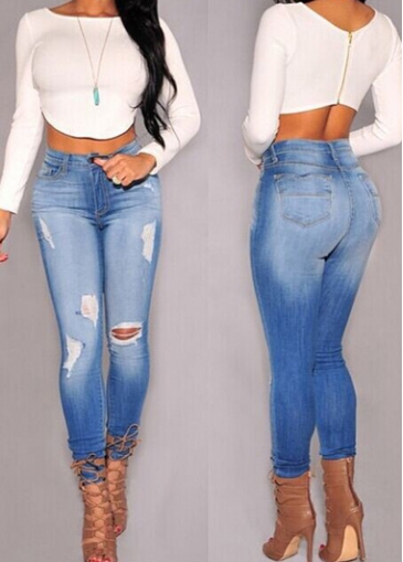 Tearing Zipper Fly Pocket Design Blue Jeans