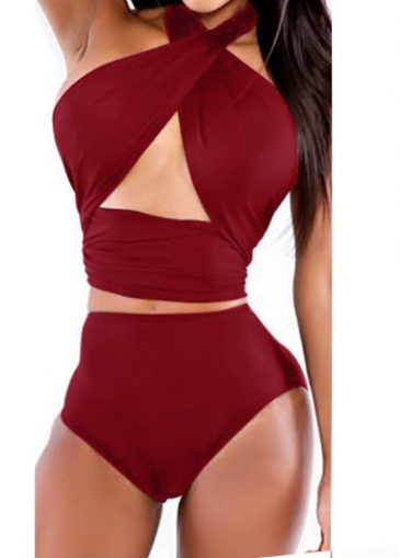 Wine Red Halter Neck Two Piece Swimwear