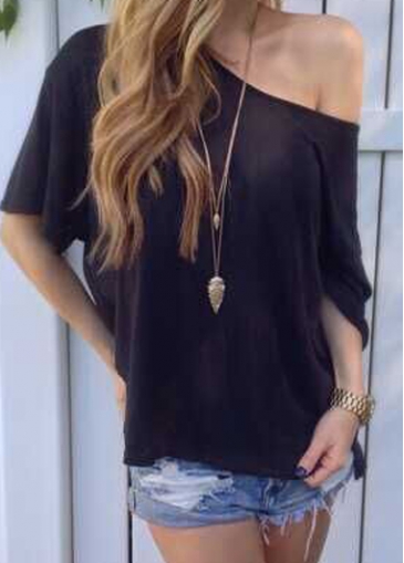 Black Skew Neck Double Slit T Shirt