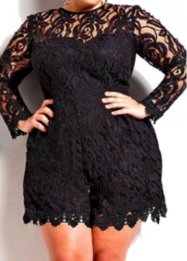 Plus Size Black Long Sleeve Lace Romper
