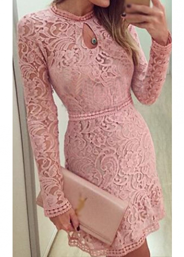 Pink Long Sleeve Keyhole Neckline Lace Dress