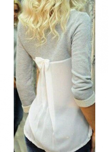 Chiffon Splicing Bowknot Decorated Grey Blouse