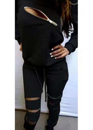 Long Sleeve Zipper Decorated Black Two Piece Activewear