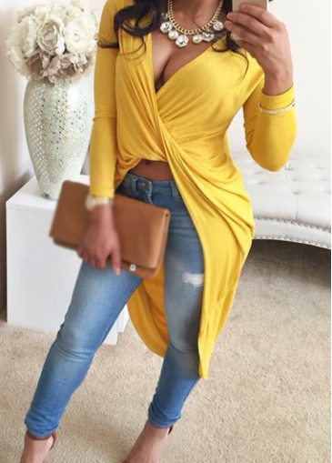 V Neck Long Sleeve Yellow Asymmetric T Shirt