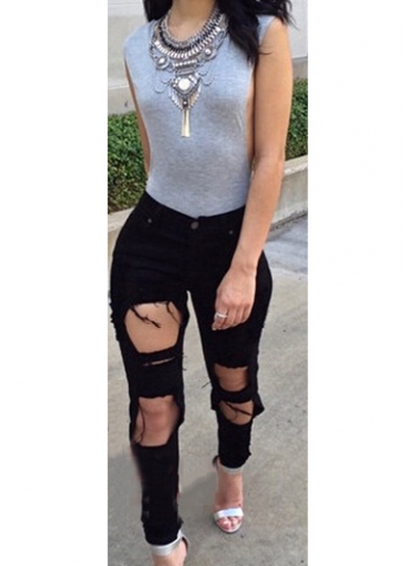 Zipper Fly Ankle Length Black Cutting Pants