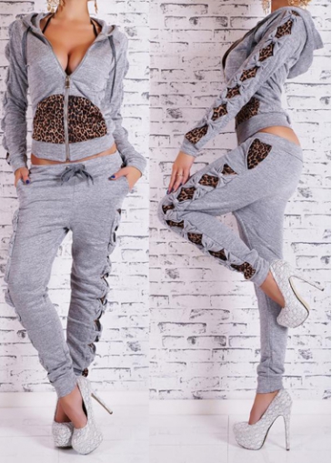 Leopard Print Light Grey Hooded Sweats and Sweatpants