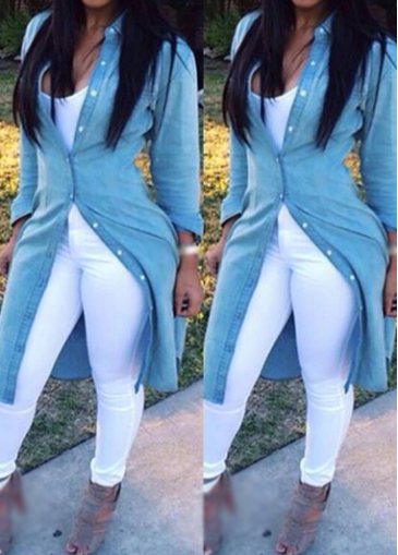 Blue Long Sleeve Knee Length Shirt