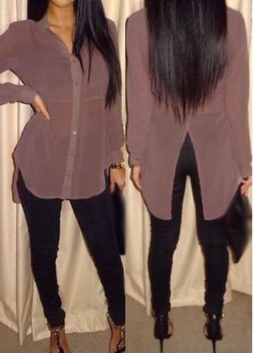 Turndown Collar Back Slit Coffee Shirt