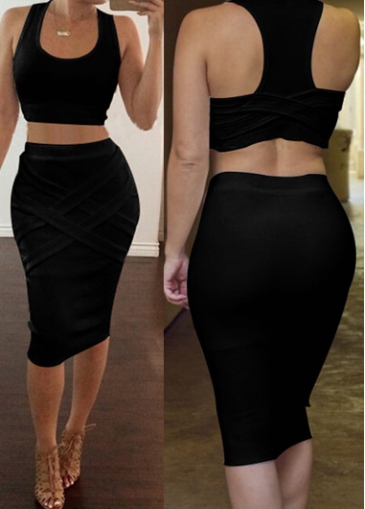 Straps Scoop Neck Black Two Piece Dresses