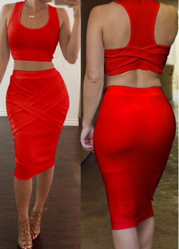 Red Sleeveless Scoop Neck Two Piece Dresses