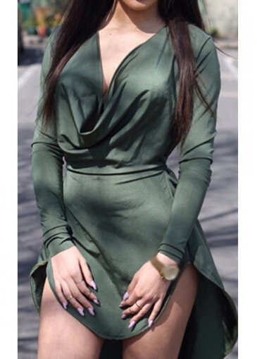 Cowl Neck High Low Army Green Dress