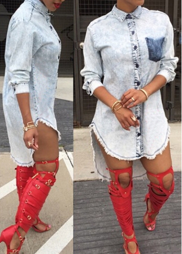 Asymmetric Pocket Embellished Turndown Collar Shirt Dress