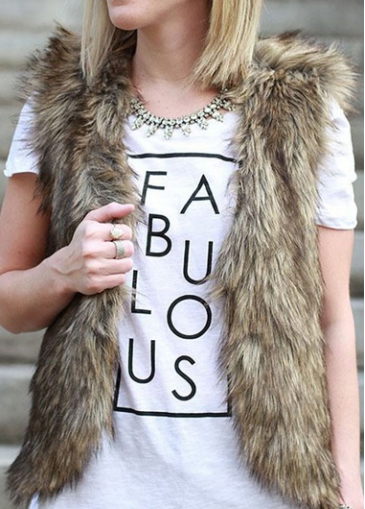 Faux Fur Solid Brown Woman Waistcoat