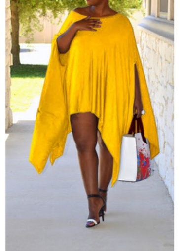 Three Quarter Sleeve Yellow Asymmetric T Shirt Dress