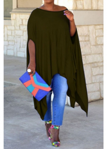 Asymmetric Army Green Round Neck T Shirt Dress