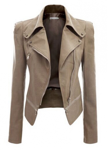 Turndown Collar Zipper Closure Khaki Jacket