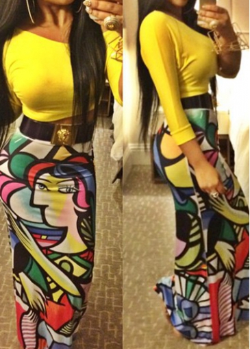 Round Neck Top and Character Print Maxi Skirt