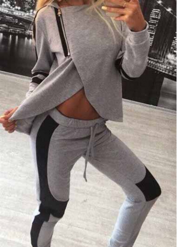 Hooded Collar Grey Ankle Length Two Piece Activewear