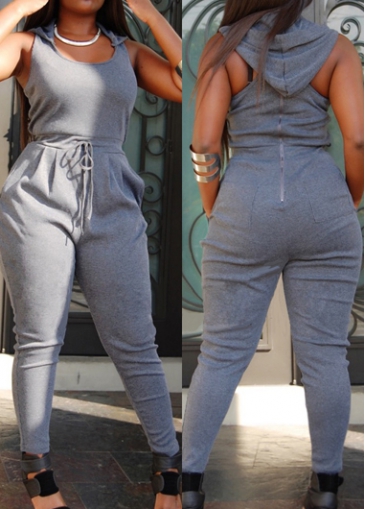 Drawstring Waist Zipper Closure Grey Jumpsuit