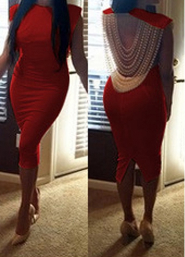 Red Cap Sleeve Faux Pearl Decorated Dress