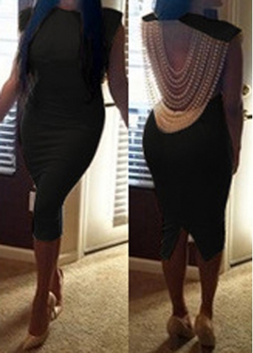 Faux Pearl Embellished Back Slit Black Dress