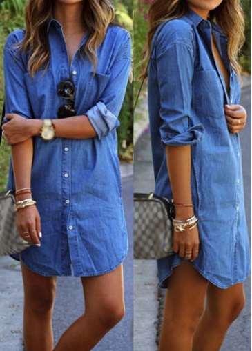 Long Sleeve Button Closure Denim Blue Shirt