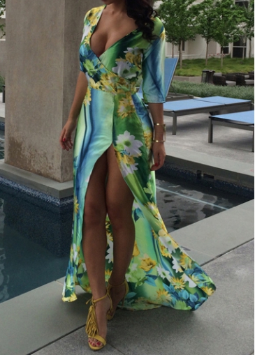 Plunging Neck Flower Print Maxi Dress