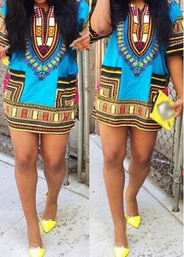 Tribal Print Blue Straight Mini Dress