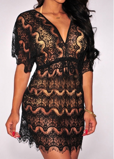 Plunging Neck Drawstring Waist Lace Cover Up