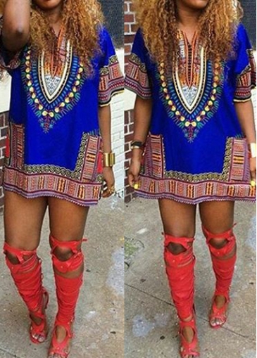 Royal Blue Side Slit Tribal Print Dress
