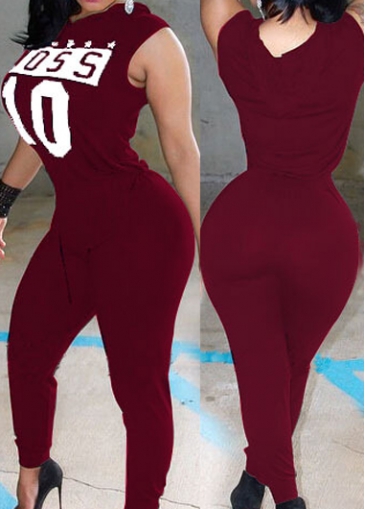 Hooded Collar Wine Red Skinny Jumpsuit