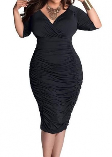 V Neck Black Knee Length Dress