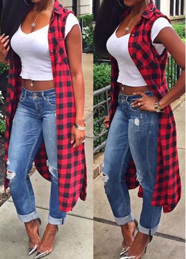 Button Closure Sleeveless Plaid Long Shirt