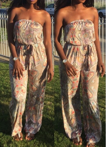 Strapless Drawstring Waist Printed Loose Jumpsuit