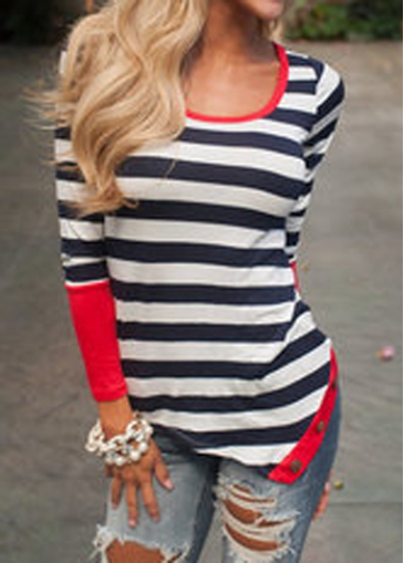 Long Sleeve Button Decorated Striped T Shirt