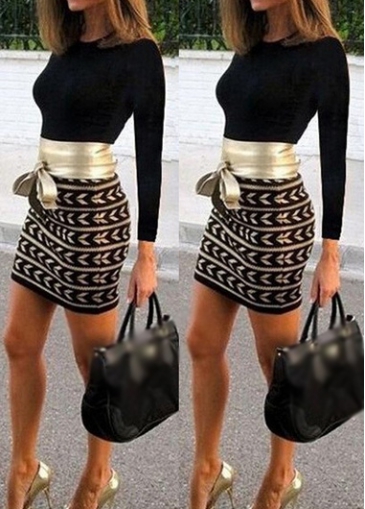 Black Round Neck Geometric Print Dress