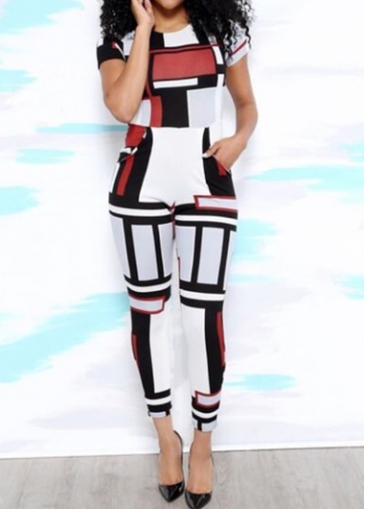 Short Sleeve Geometric Print White Jumpsuit