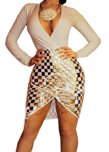 Plunging Neck Khaki Long Sleeve Sheath Dress
