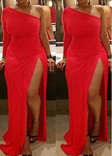 Red One Shouder Side Slit Maxi Dress