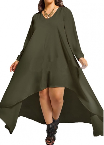 V Neck Army Green Asymmetric Hem Dress